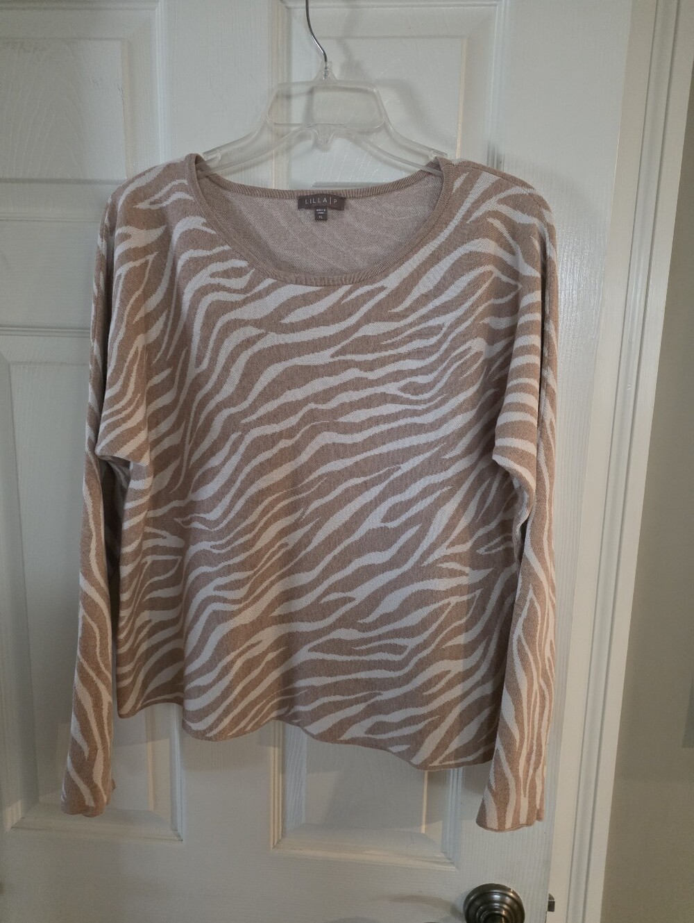 Lilla P. Beige and White Zebra-Pattern Long Sleeve Cotton Modal Sweater XL